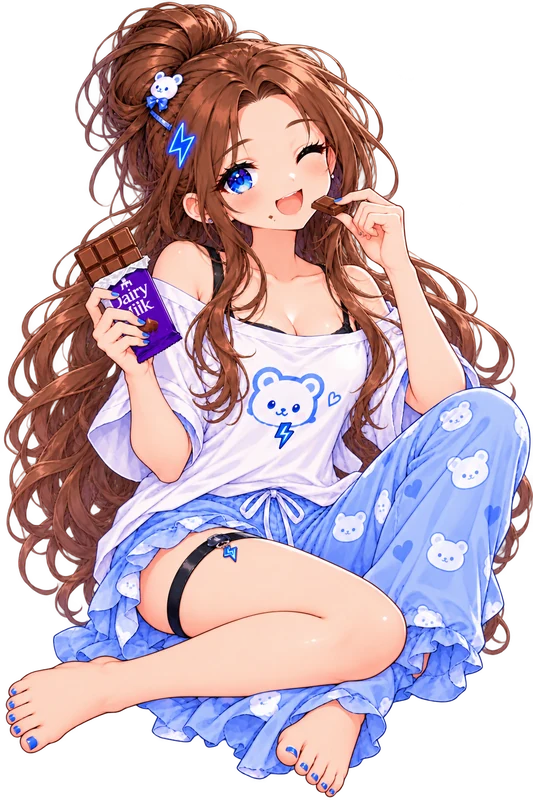 Tiny: Munching a chocolate bar in bear pajamas.