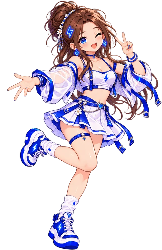 Tiny: A white and blue outfit with a peace sign.