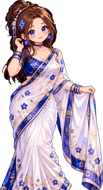 Tiny: White and blue floral saree with gold borders.