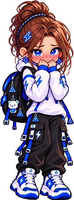 Blushing behind her sleeves, hearts around her.