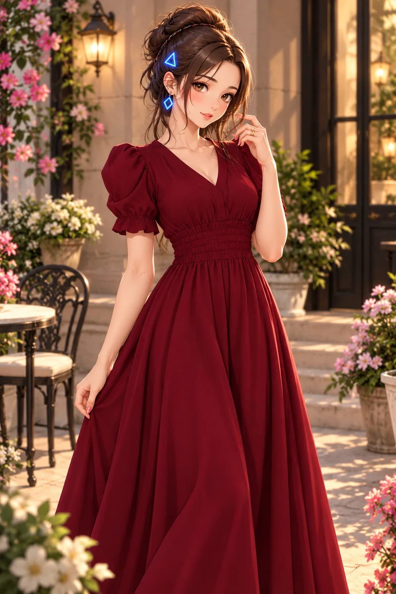 Tiny in burgundy puff-sleeve maxi dress in a flower courtyard.
