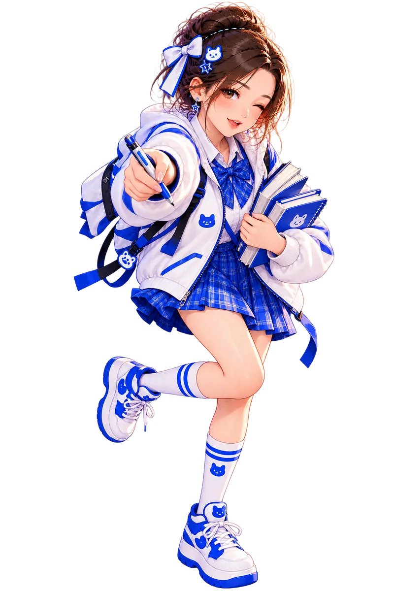 Tiny in school uniform with a notebook and pen for a study day.