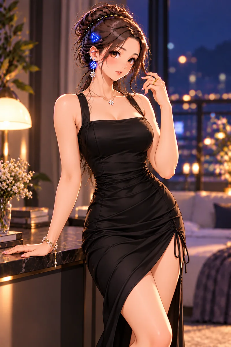 Tiny in black evening dress with a side tie against city lights.