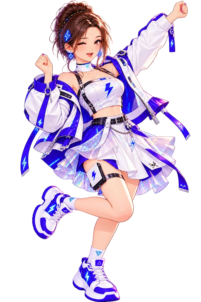 Tiny in white and purple jacket with a ruffled skirt, arm raised mid-dance.