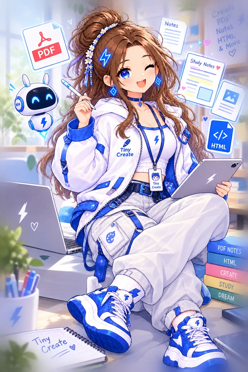 Tiny with a laptop and tablet surrounded by floating files