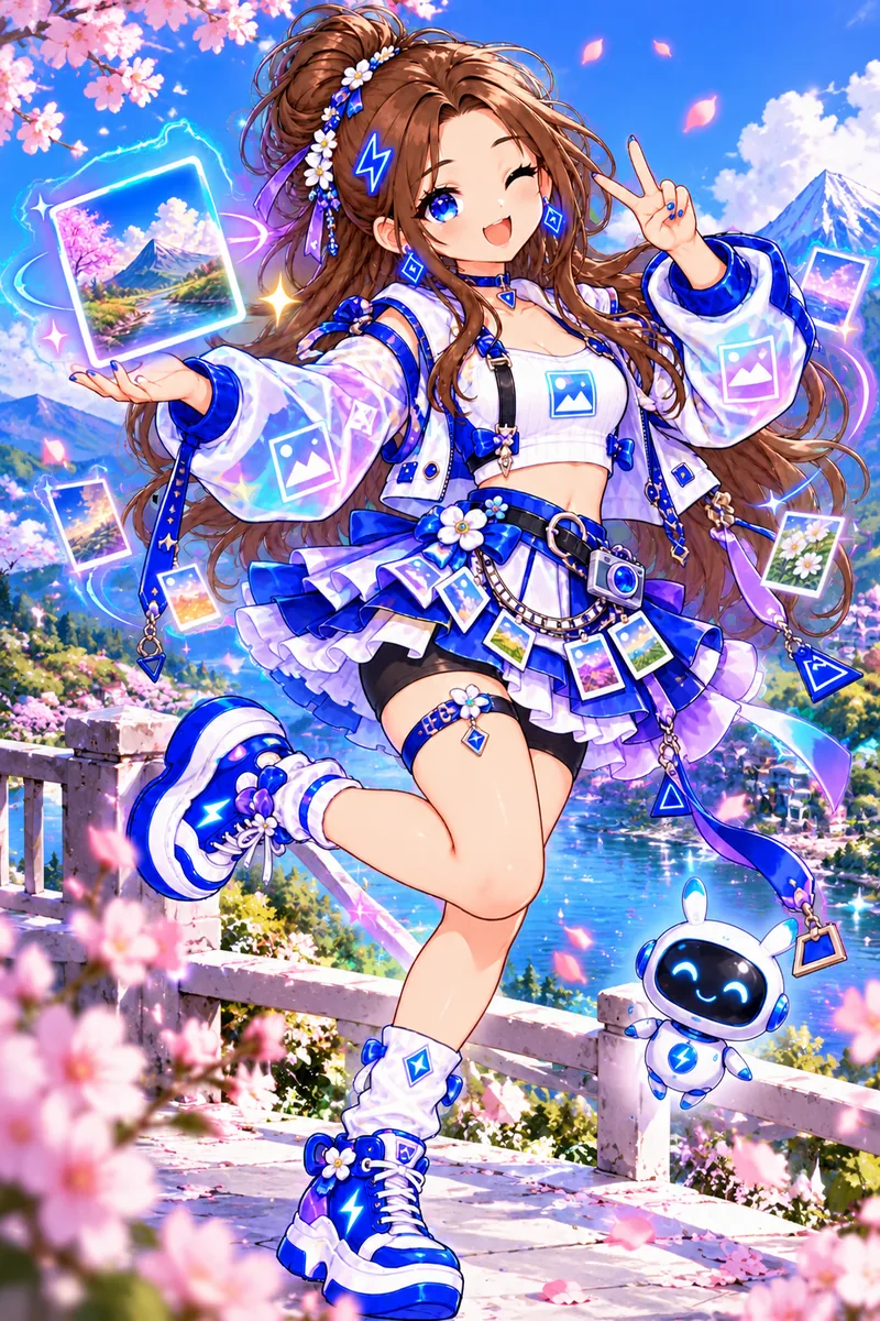 Tiny with a peace sign among cherry blossoms and glowing photo cards