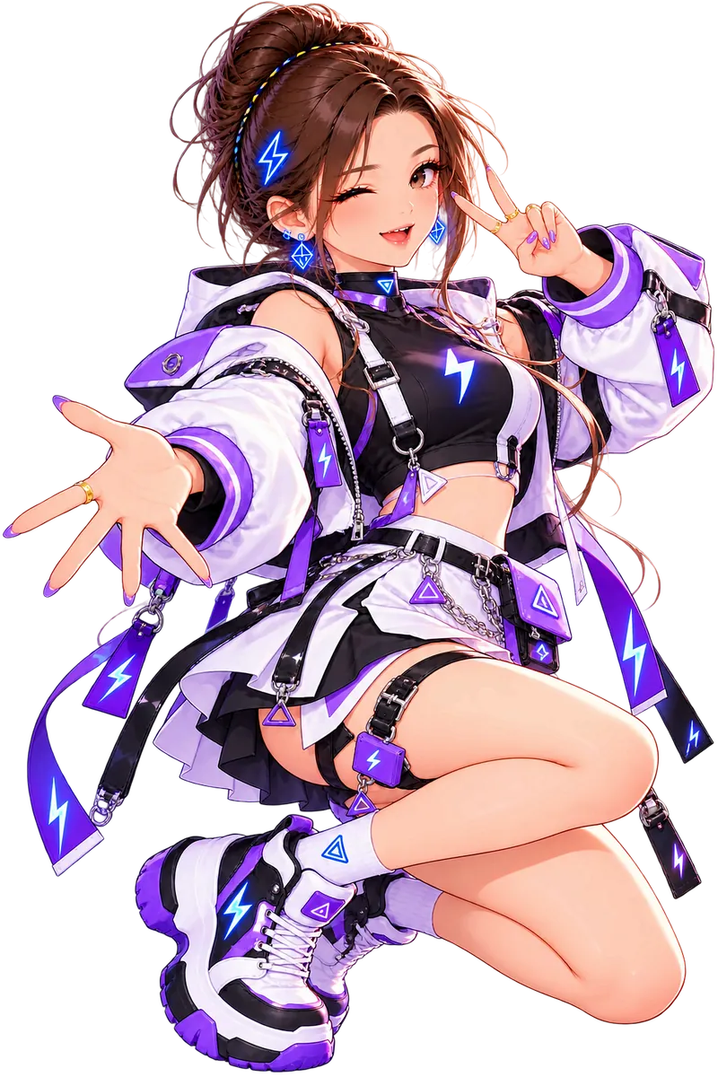 Tiny in white jacket with purple details, black crop top and a layered skirt.